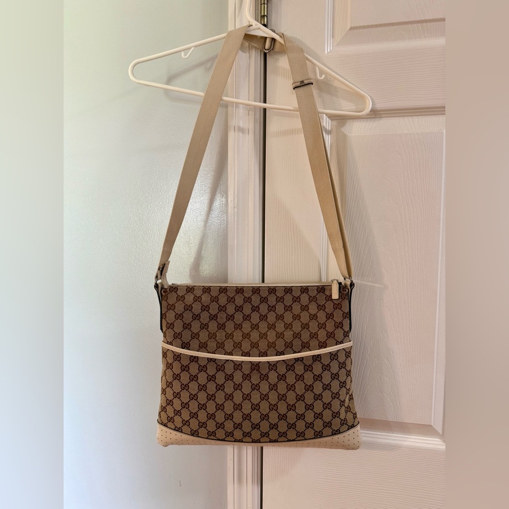 Gucci Monogram Brown Canvas Off White Leather Messenger Crossbody